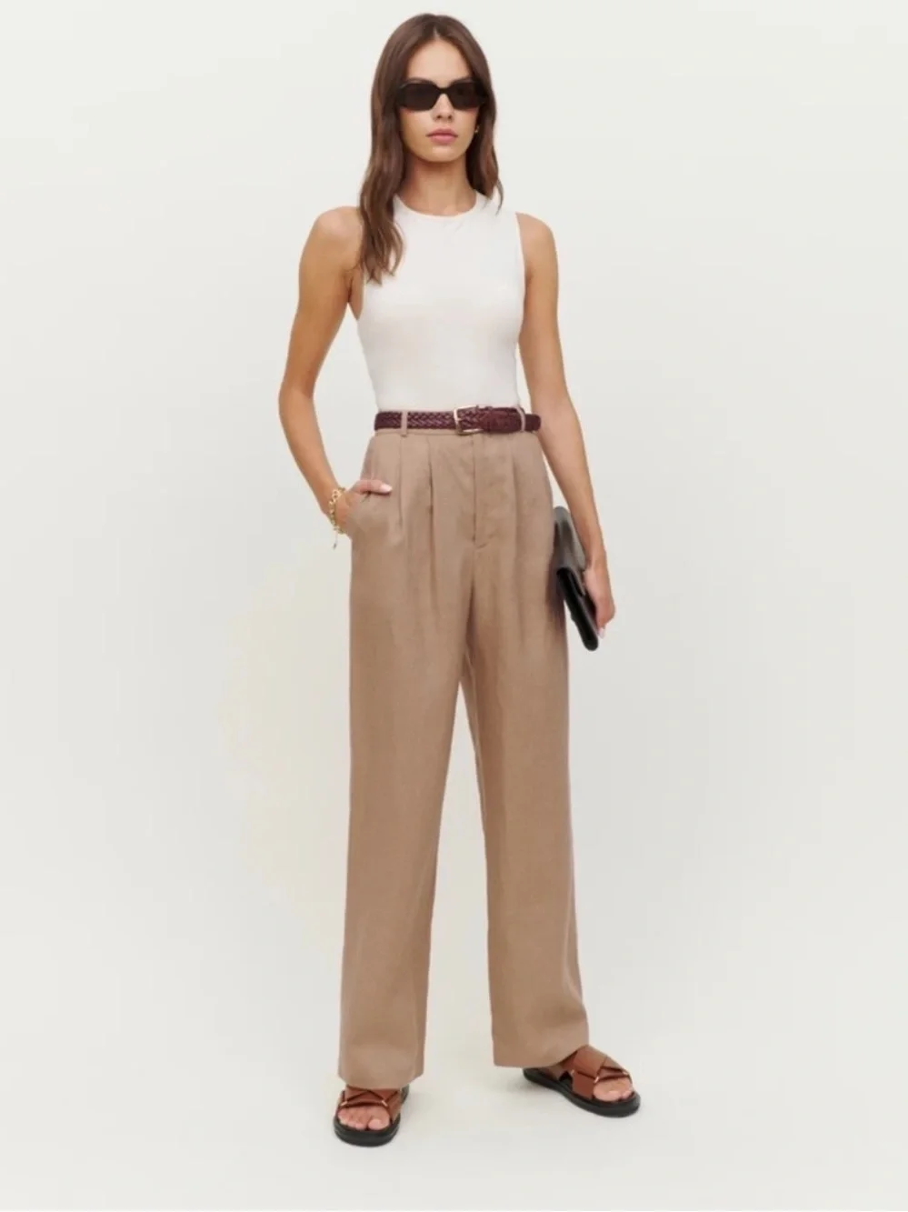 NWT Reformation Vesta Linen Straight-Leg Pants Khaki Brown 4
